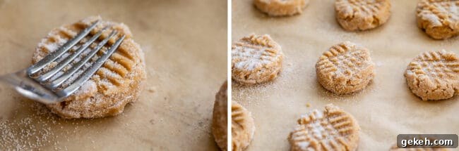 Chewy Peanut Butter Cookie Recipe That Melts in Your Mouth 12 pressing a cookie with a fork, cookie dough lined up on a baking sheet ready to bake homemade peanut butter cookies.