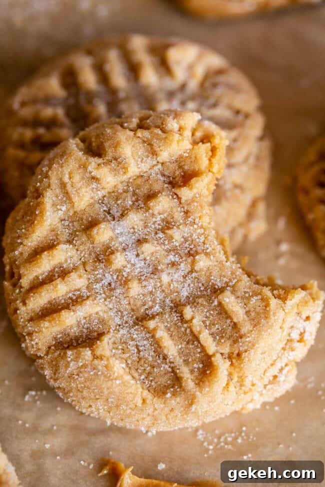 Chewy Peanut Butter Cookie Recipe That Melts in Your Mouth 4 chewy peanut butter cookie tilted on its side with a bite taken out.
