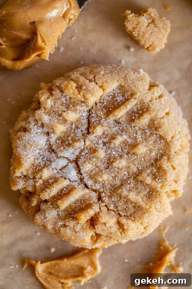 Chewy Peanut Butter Cookie Recipe That Melts in Your Mouth 7 best peanut butter cookie recipe, shot from overhead with a crack down center.