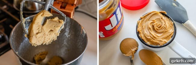 Chewy Peanut Butter Cookie Recipe That Melts in Your Mouth 8 butter and sugar mixed together in a stand mixer, Jif jar and peanut butter in a cup showing how to make peanut butter cookies.
