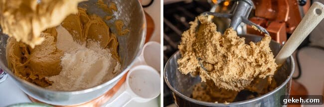 Chewy Peanut Butter Cookie Recipe That Melts in Your Mouth 9 adding flour and dry ingredients to a stand mixer, finished dough, showing an easy peanut butter cookie recipe.