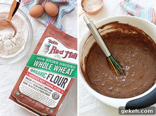 Bob’s Red Mill Organic Whole Wheat Flour serves as the base for these delicious chocolate whole wheat waffles! A bag of Bob’s Red Mill Organic Whole Wheat Flour and then a white mixing bowl filled with waffle batter.