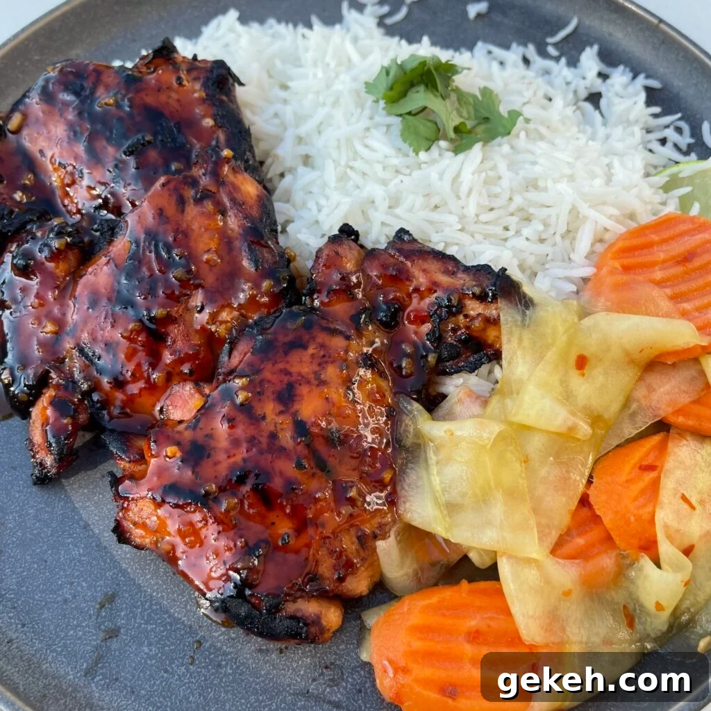 Thai-Style Grilled Chicken with Tangy Marinade 2 Cooked thai chicken thighs on a plate with rice and veggies.