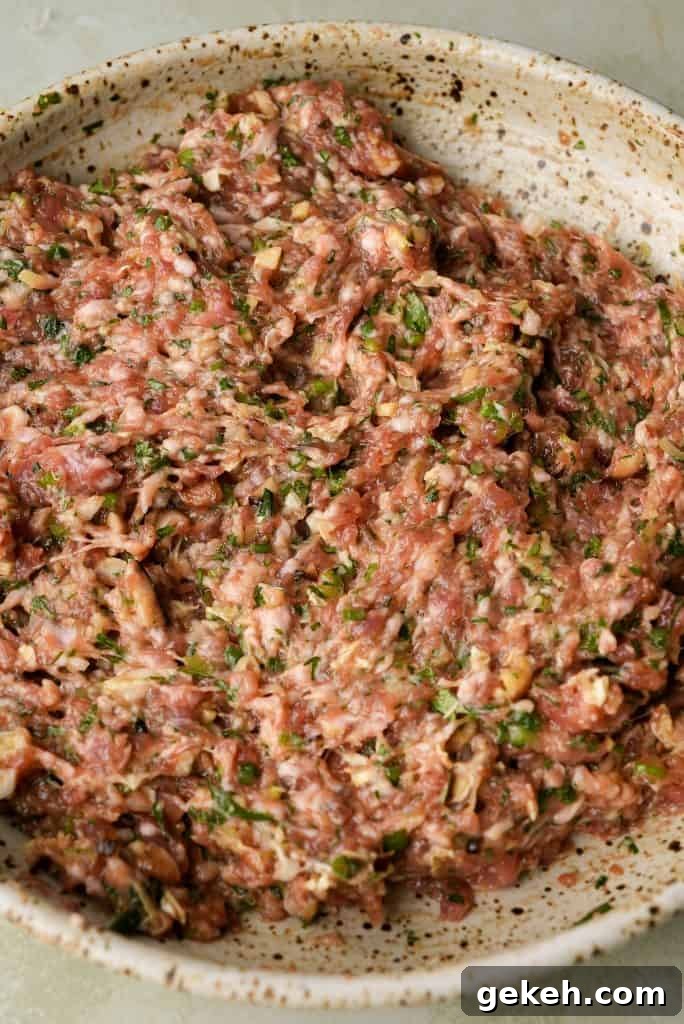 A close-up shows the pork dumpling filling fully mixed into a sticky, uniform texture with visible herbs and aromatics in a ceramic bowl.