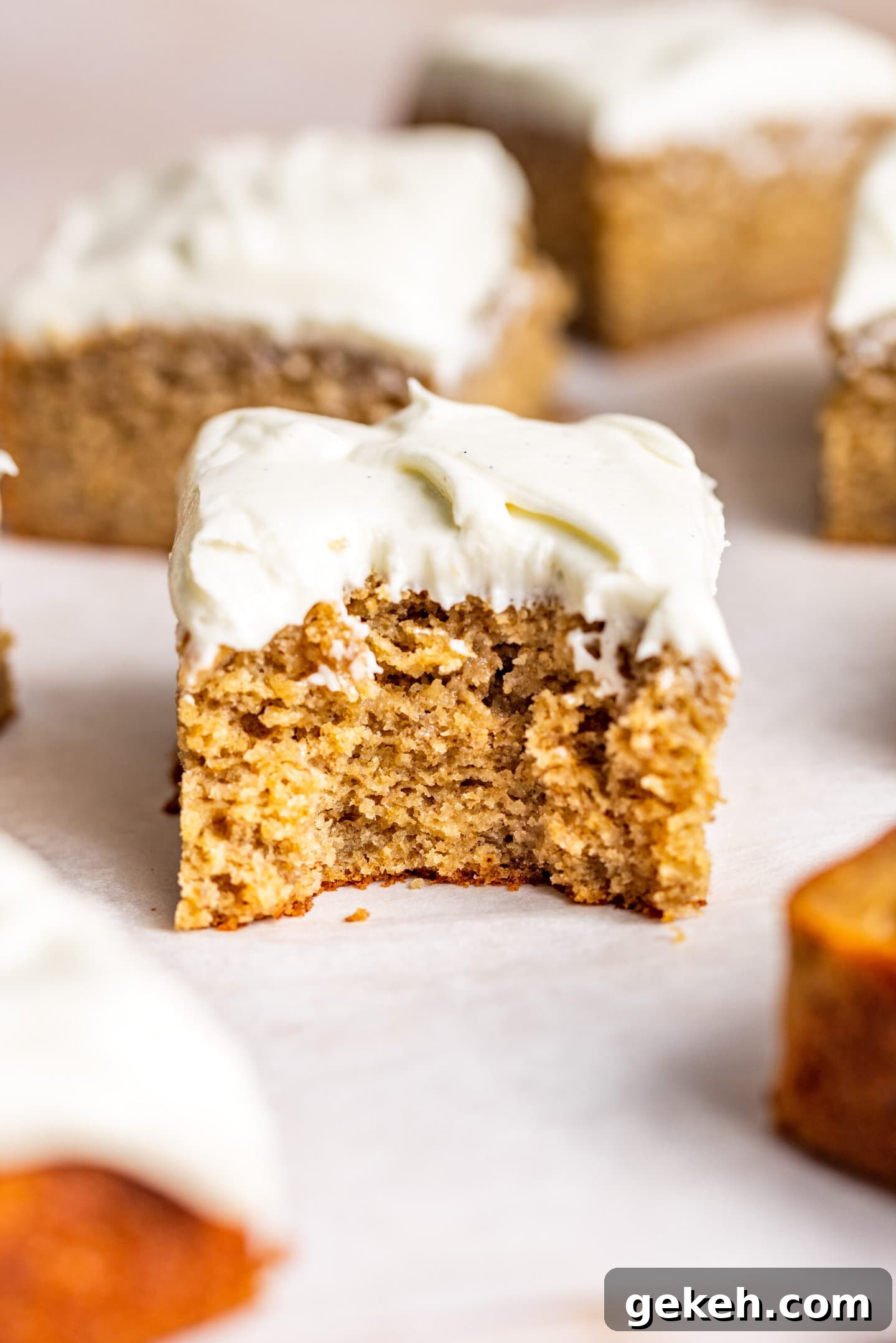 Spiced Banana Snack Cake Recipe for Moist, Flavorful Bites 8 Close up of slice of Spiced Banana Snack Cake with a bite missing