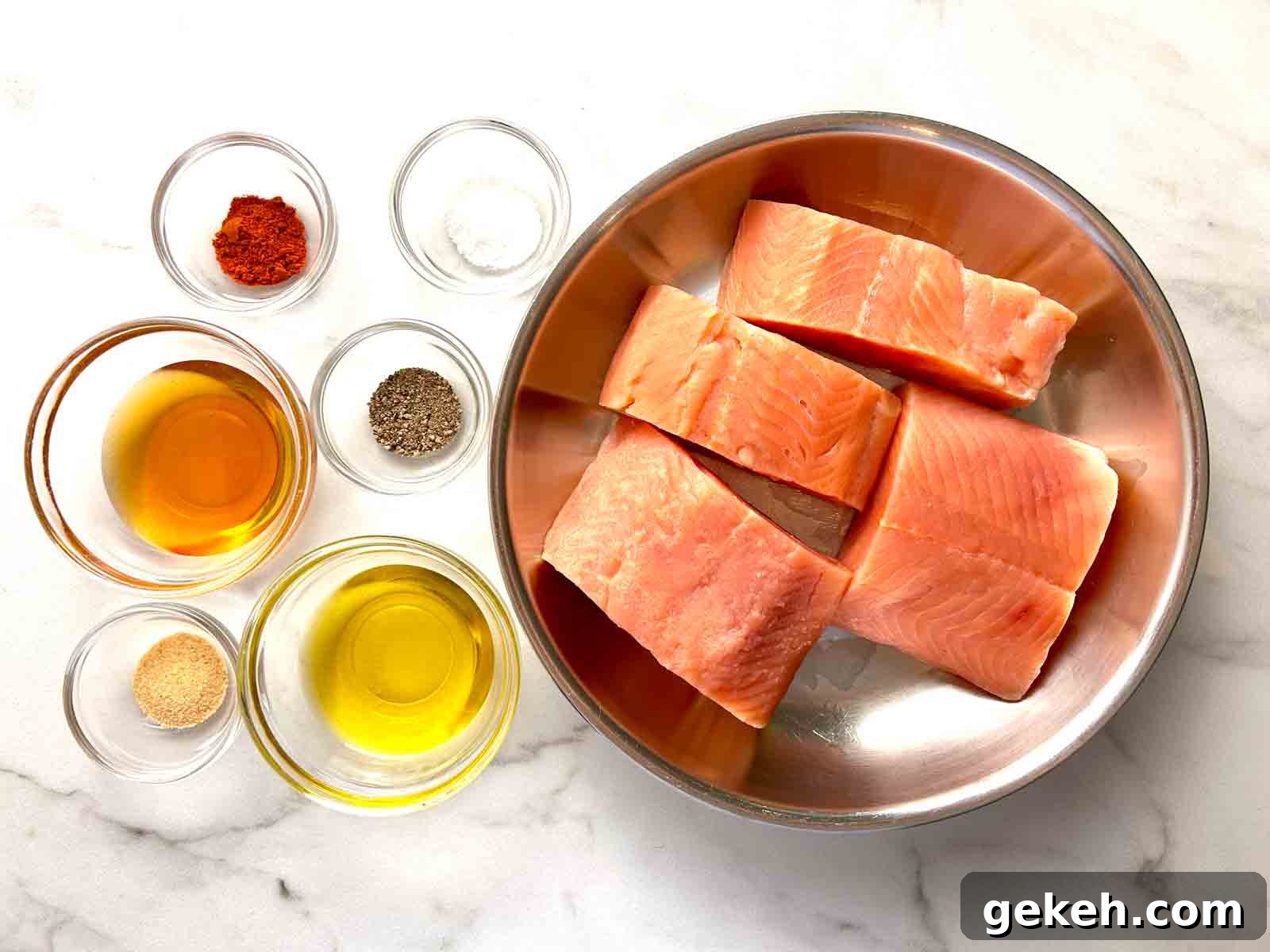 Crispy Air Fryer Salmon Recipe — Quick Flavorful Meal 3 ingredients prepped in bowls.