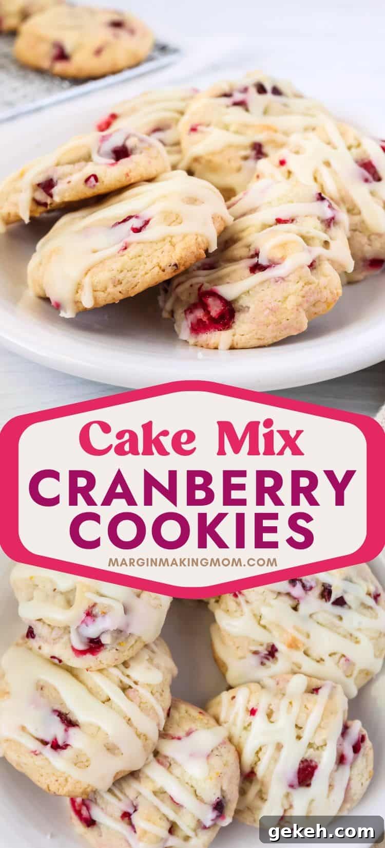 two photos; one shows a side view of holiday cake mix cranberry orange cookies on a wide plate; the other shows an overhead view of the cookies, detailing the icing and red berries.