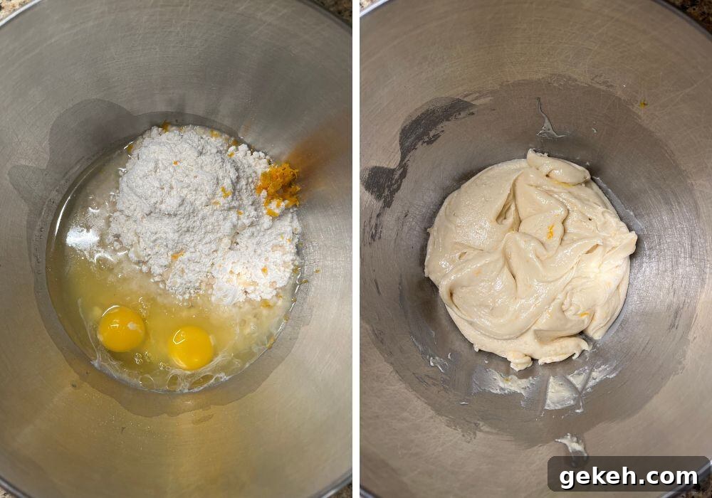 two photos; one shows ingredients for cranberry orange cookies in a mixing bowl; the other shows the cookie dough after being mixed.