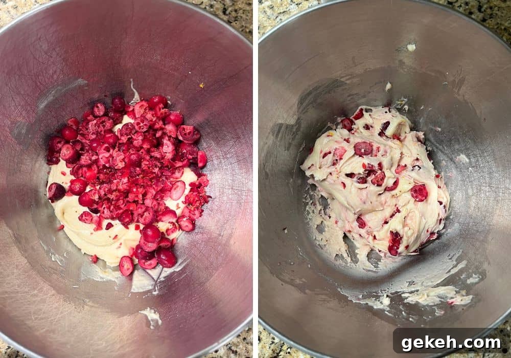 two photos; one shows chopped cranberries added to the cookie dough in the mixing bowl; the other shows the berries folded into the batter.
