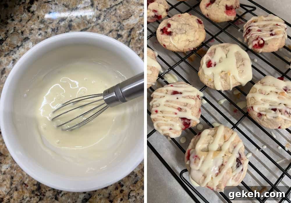 two photos; one shows a whisk in a bowl of orange glaze for cranberry cookies; the other shows the glaze drizzled over the cranberry orange cookies on a wire rack.