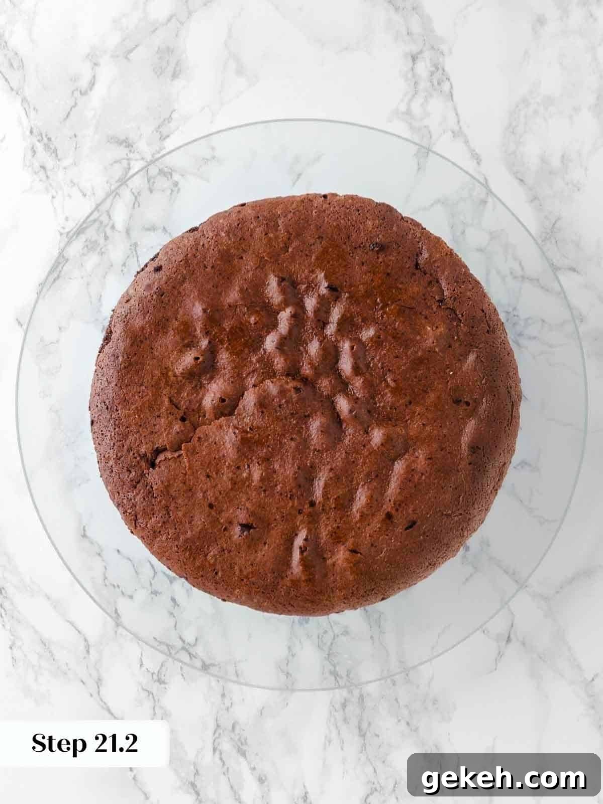 Decadent Guinness Chocolate Cake Recipe with Rich Stout Frosting 19 cooled cake layer on cake stand.