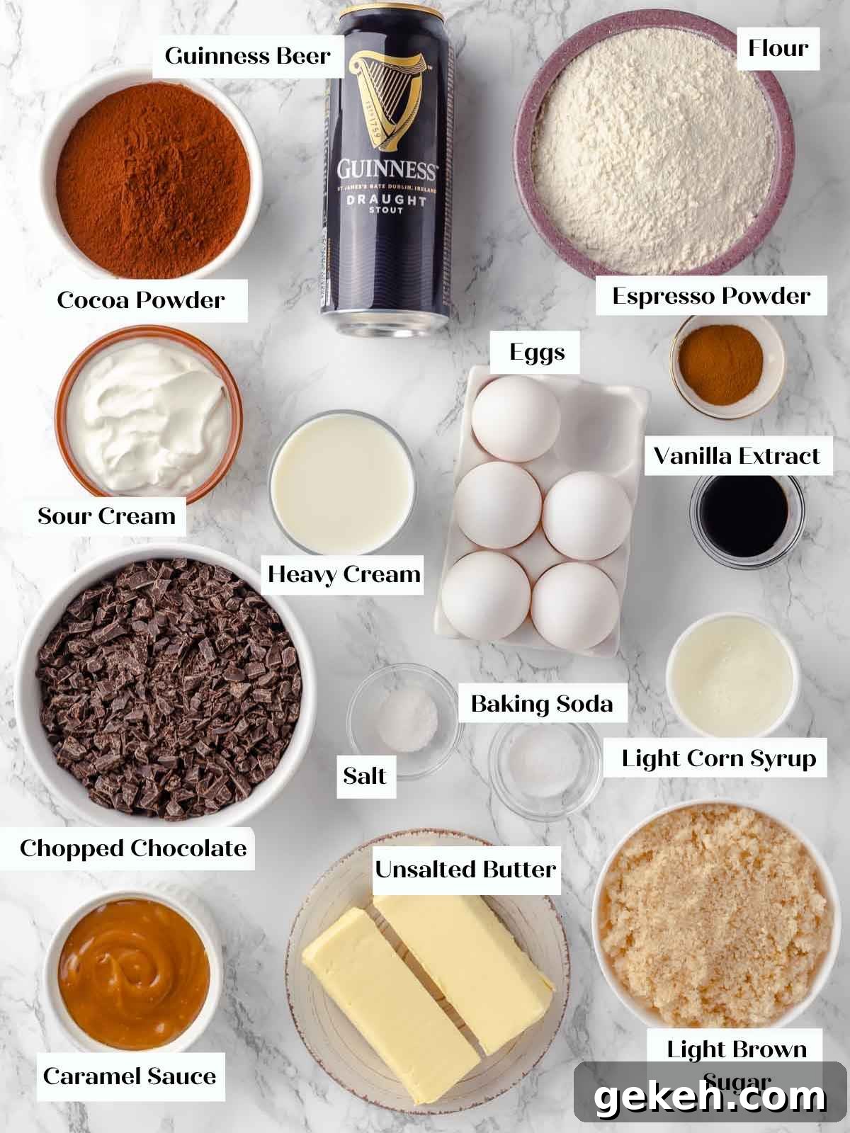 Decadent Guinness Chocolate Cake Recipe with Rich Stout Frosting 5 ingredients for guinness chocolate cake on marble.