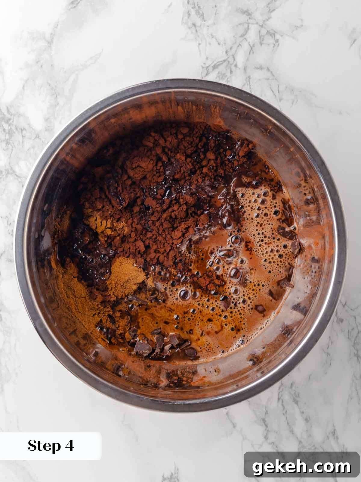 Decadent Guinness Chocolate Cake Recipe with Rich Stout Frosting 7 pouring boiling beer over chocolate and cocoa powder.