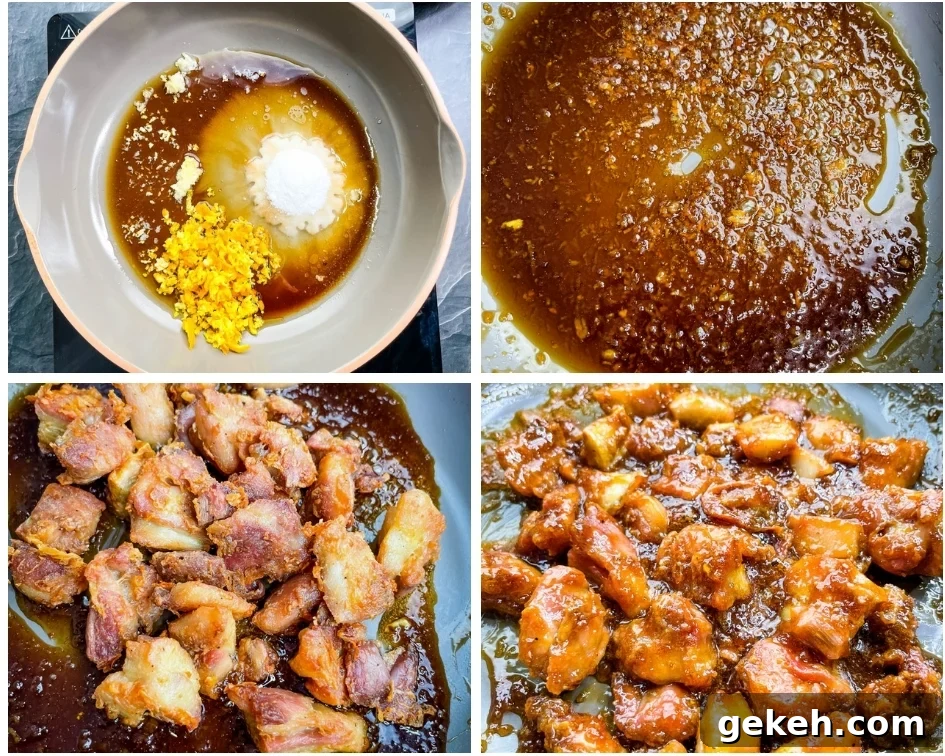 Keto Orange Chicken: Low-Carb Sticky Citrus Chicken Recipe 9 collage photo of 4 photos showing how to make orange chicken sauce in a pan and tossed with orange