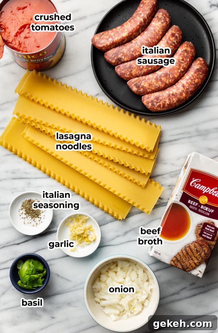Lasagna Soup Recipe: Comforting Italian-Flavored One-Pot Meal 3 ingredients for lasagna soup on a marble surface