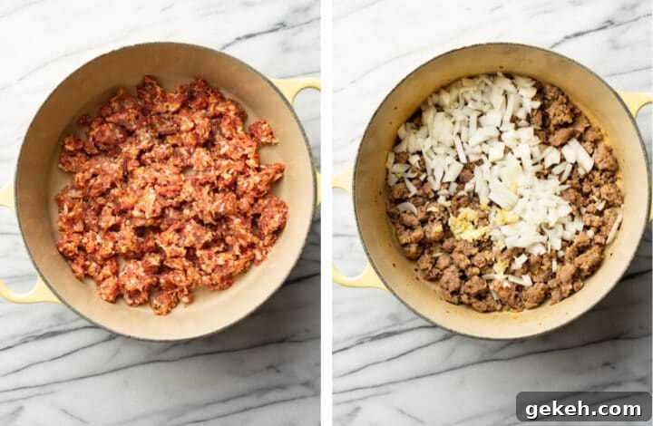 Lasagna Soup Recipe: Comforting Italian-Flavored One-Pot Meal 4 sauteing italian sausage and onion in a large pot