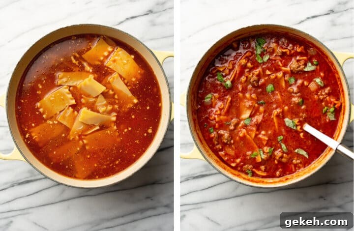 Lasagna Soup Recipe: Comforting Italian-Flavored One-Pot Meal 5 adding pasta and basil to lasagna soup