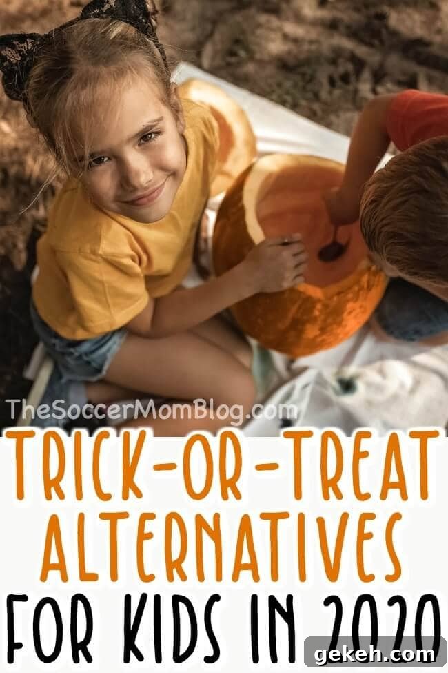kids carving pumpkins as an alternative to trick-or-treating