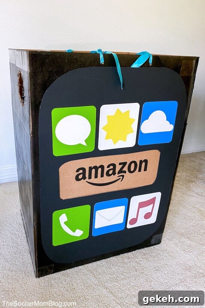 cell phone Halloween costume made with a cardboard box
