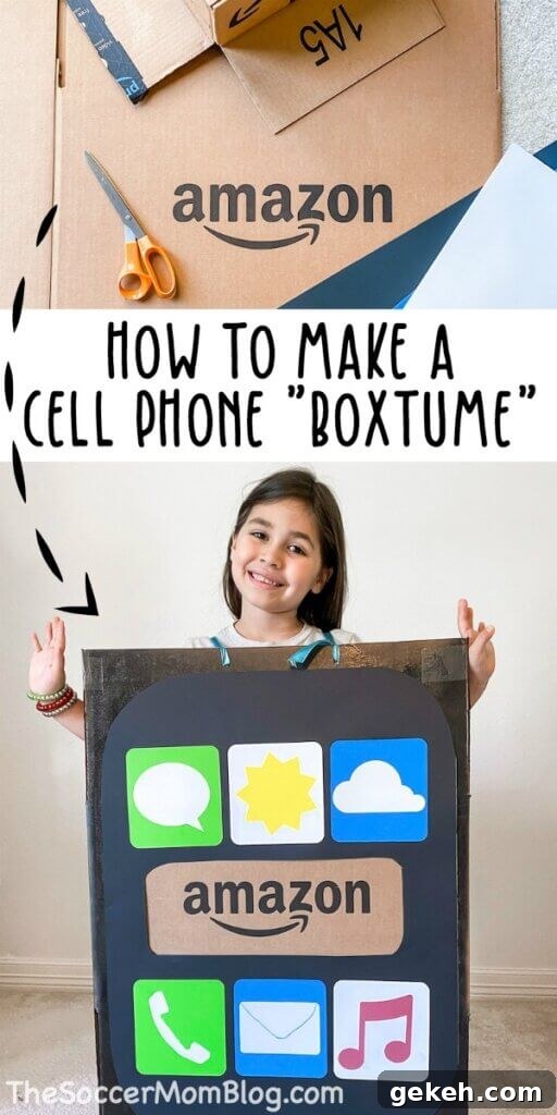 little girl in cell phone costume made from a cardboard box