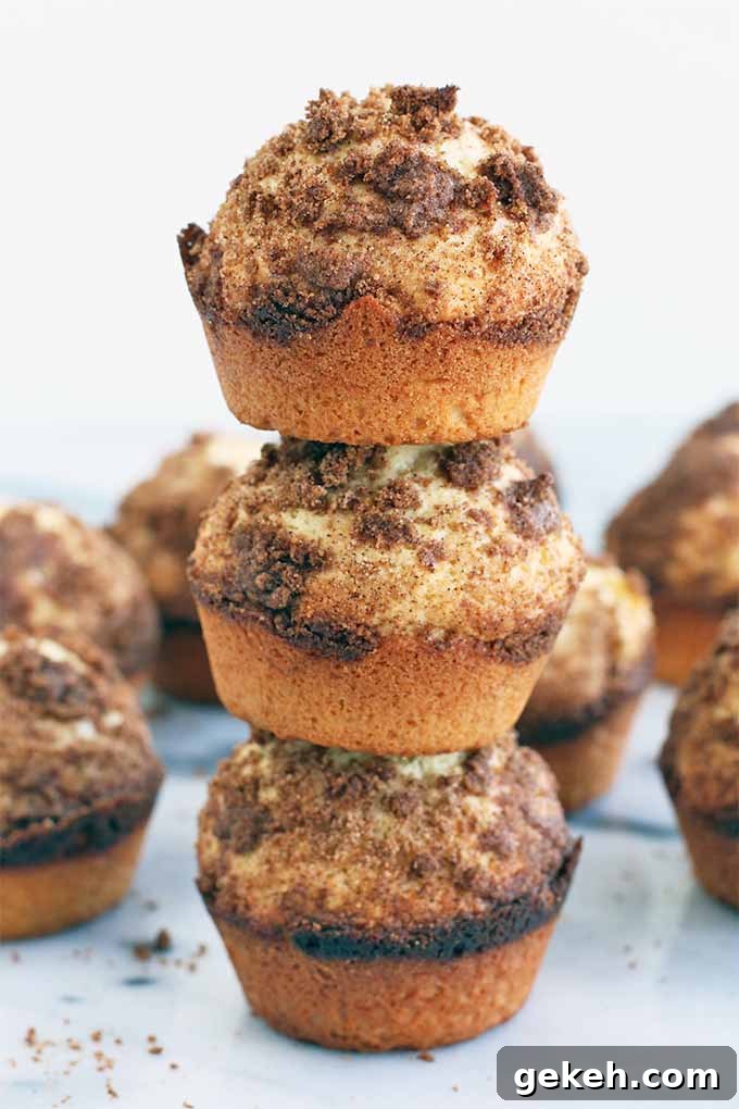 Classic Old-Fashioned Crumb Cake Recipe: Timeless Coffee Cake Delight 2 A vertical stack of three crumb cake muffins, with more in the background, on a marble surface with some cinnamon crumbs, in front of a white background.