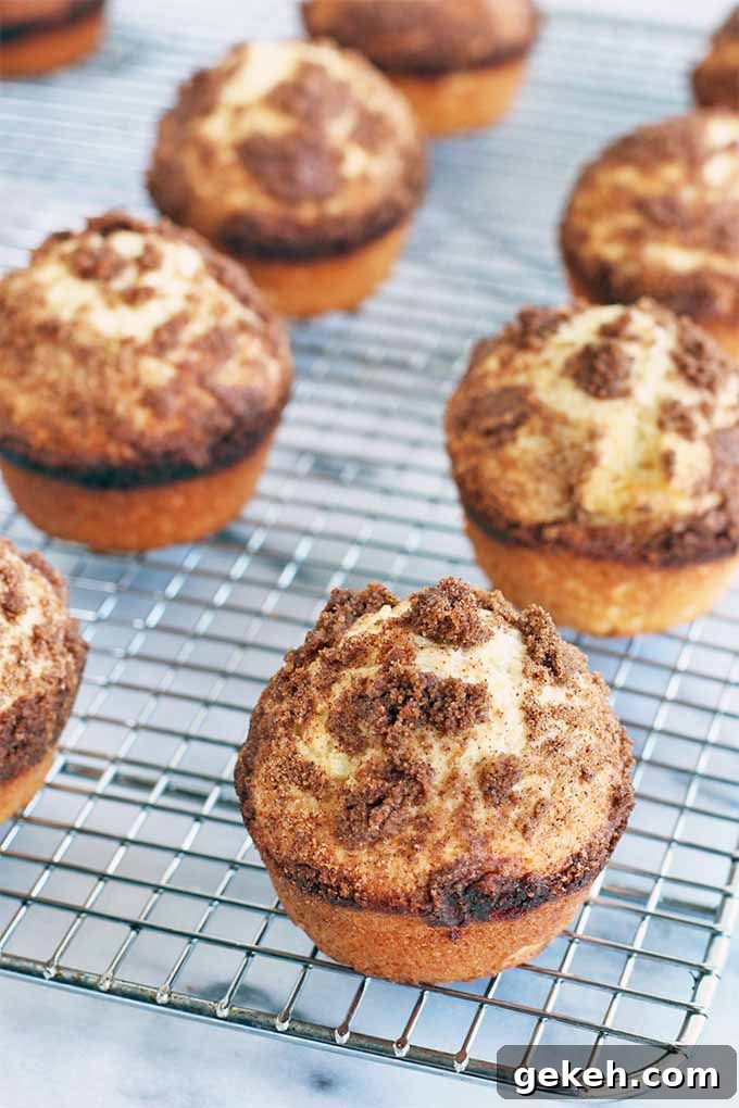 Classic Old-Fashioned Crumb Cake Recipe: Timeless Coffee Cake Delight 3 Vertical image shot at an oblique angle of six crumb cake muffins with cinnamon streusel topping, on a wire cooling rack placed on a gray and white marble surface.