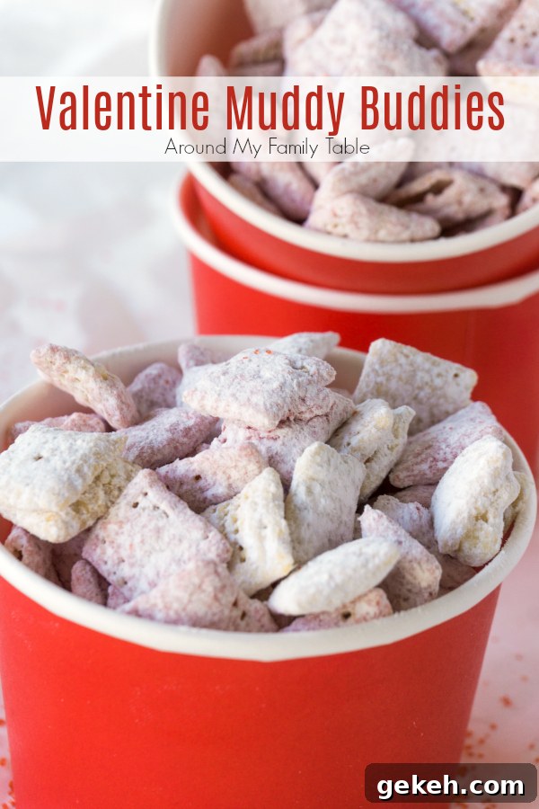 Valentine Muddy Buddies Snack Mix Recipe 2 All you need is 15 minutes for these strawberry flavored Valentine Muddy Buddies. They are such a fun and easy valentine party treat that everyone will love.