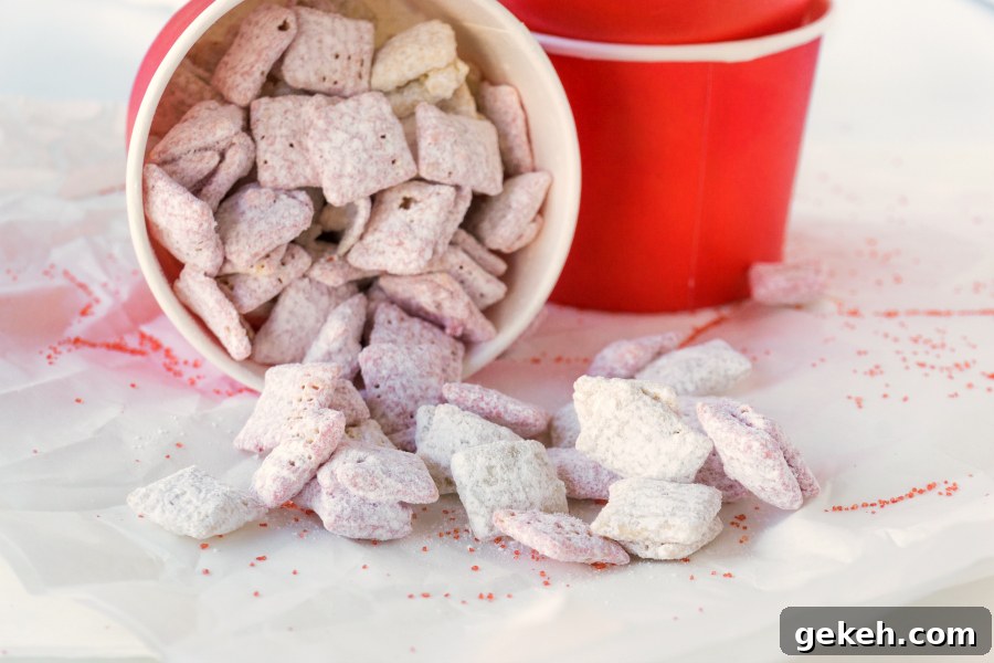 Valentine Muddy Buddies Snack Mix Recipe 3 All you need is 15 minutes for these strawberry flavored Valentine Muddy Buddies. They are such a fun and easy valentine party treat that everyone will love.