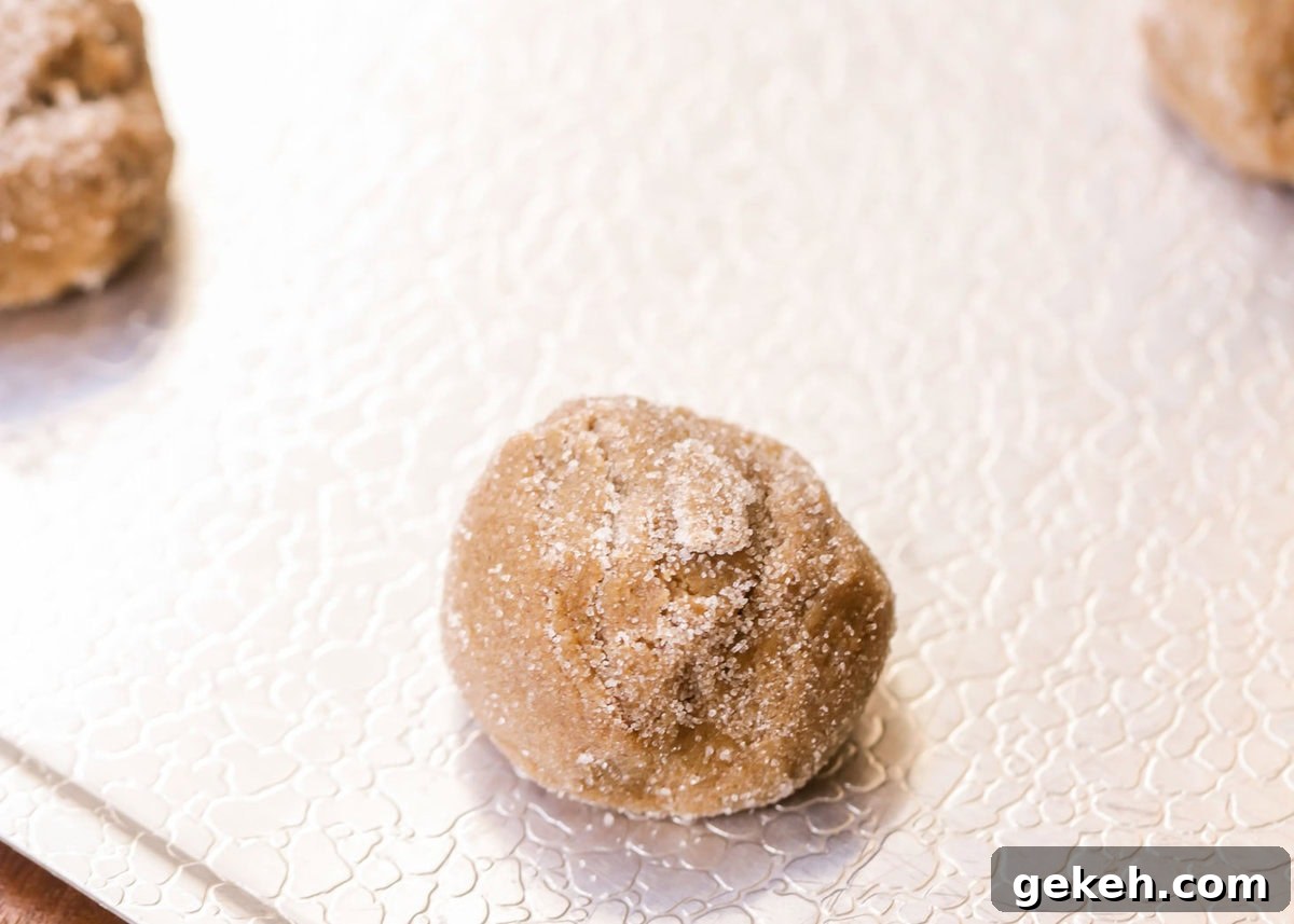 Balls of soft ginger cookie dough on a cookie sheet.