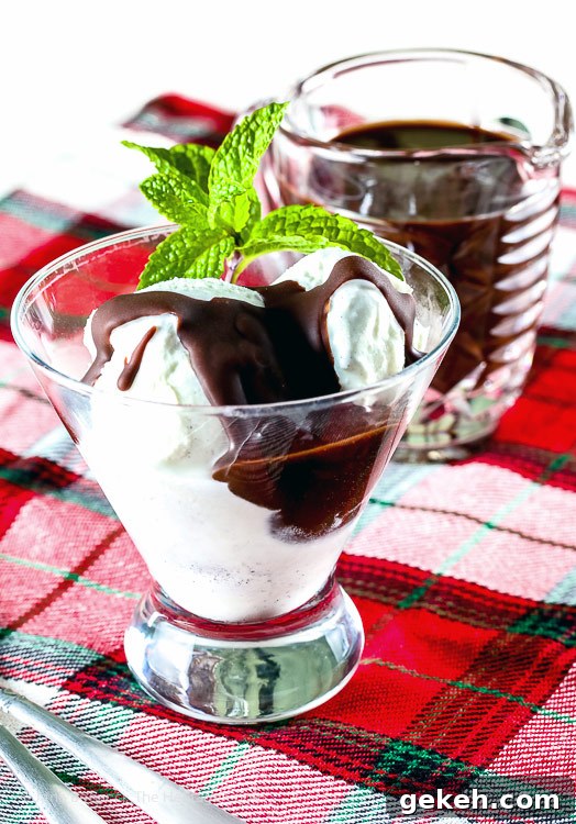 Hot fudge sundae with pitcher of sauce behind; The World's Easiest Hot Fudge Sauce © 2018 Jane Bonacci, The Heritage Cook