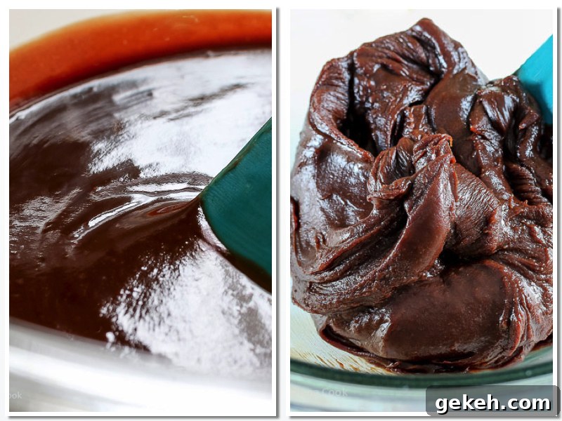 Freshly made liquid hot fudge sauce and cooled, thickened sauce; The World's Easiest Hot Fudge Sauce © 2018 Jane Bonacci, The Heritage Cook