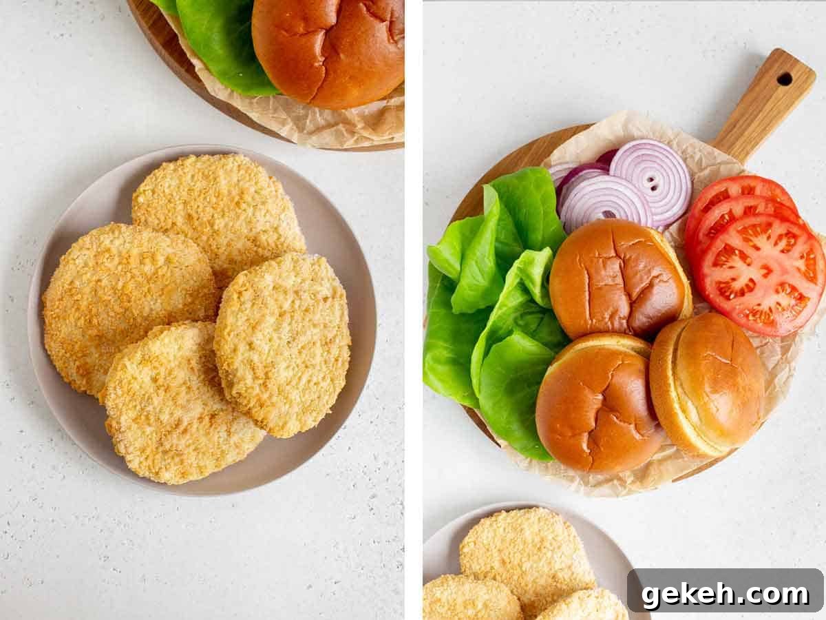 Set of two photos showing frozen chicken patties and burger toppings.