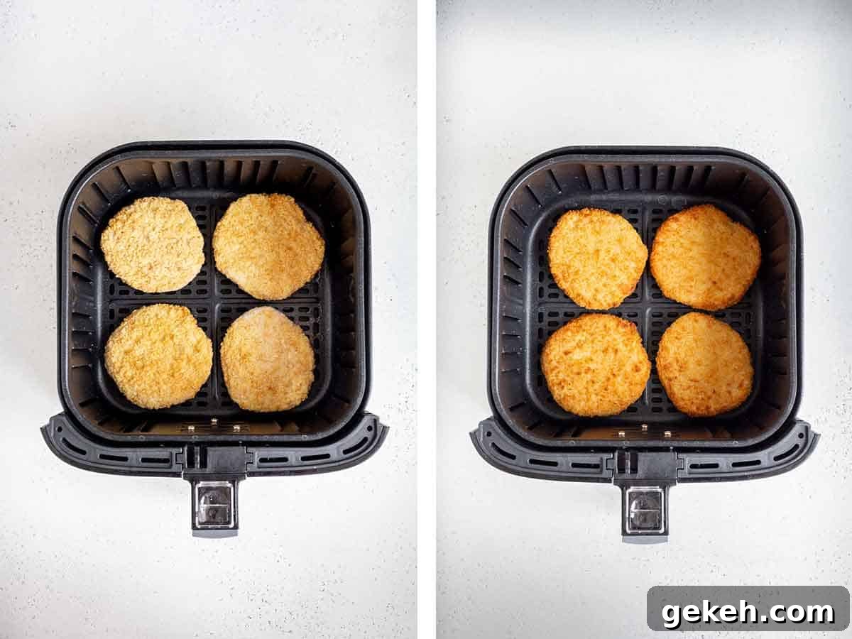 Set of two photos showing before and after frozen chicken patties air fried.