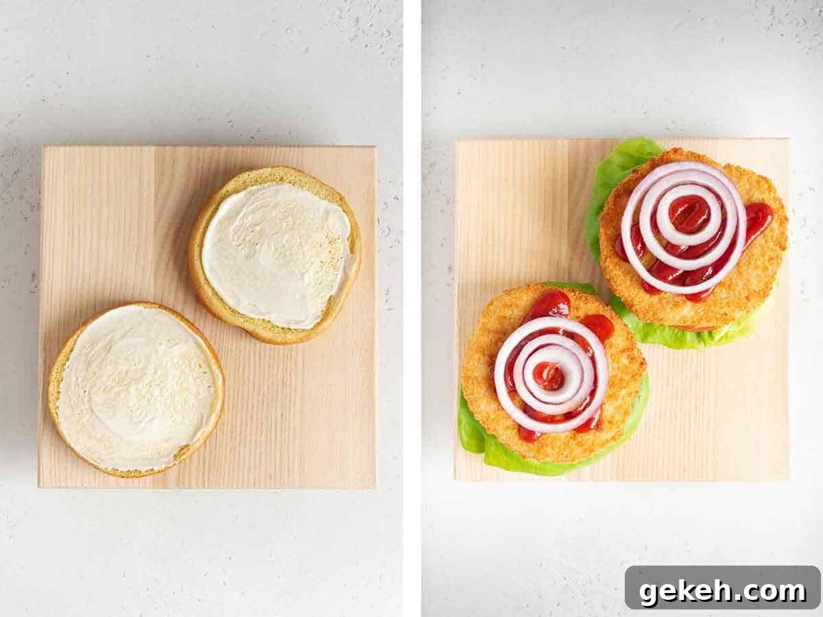 Set of two photos showing sauce added to burger buns and burger toppings placed on top.