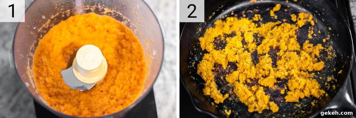 Tortellini Bolognese Recipe: Creamy Meat Sauce Pasta in 30 Minutes 4 process shots of pureeing veggies in food processor and cooking in skillet