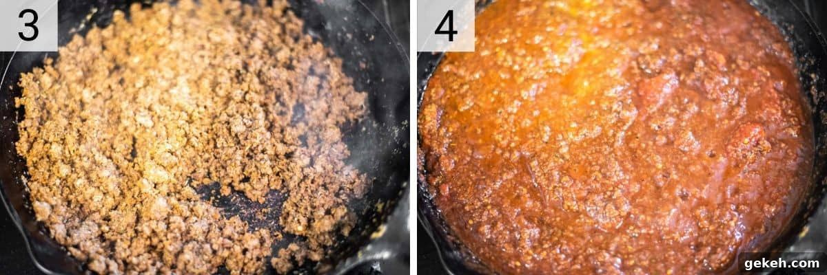 Tortellini Bolognese Recipe: Creamy Meat Sauce Pasta in 30 Minutes 5 process shots of cooking beef in skillet before stirring in wine, herbs and tomatoes