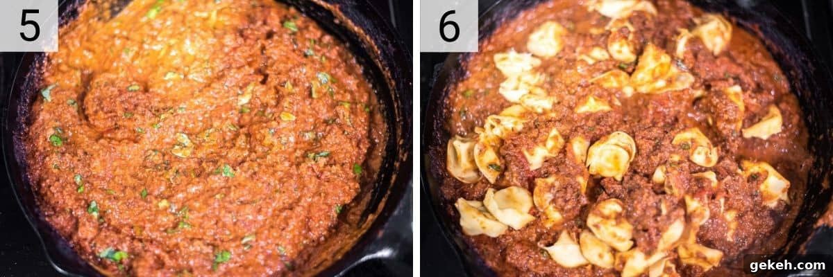 Tortellini Bolognese Recipe: Creamy Meat Sauce Pasta in 30 Minutes 6 process shots of stirring in nutmeg, heavy cream, cheese and basil before tossing tortellini in the sauce
