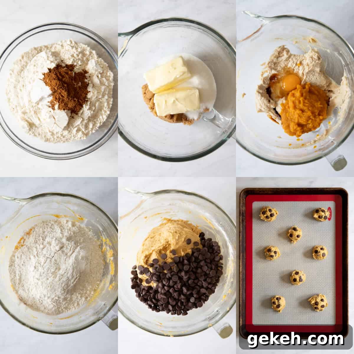 mixing together the ingredients for the cookies in a glass mixing bowl