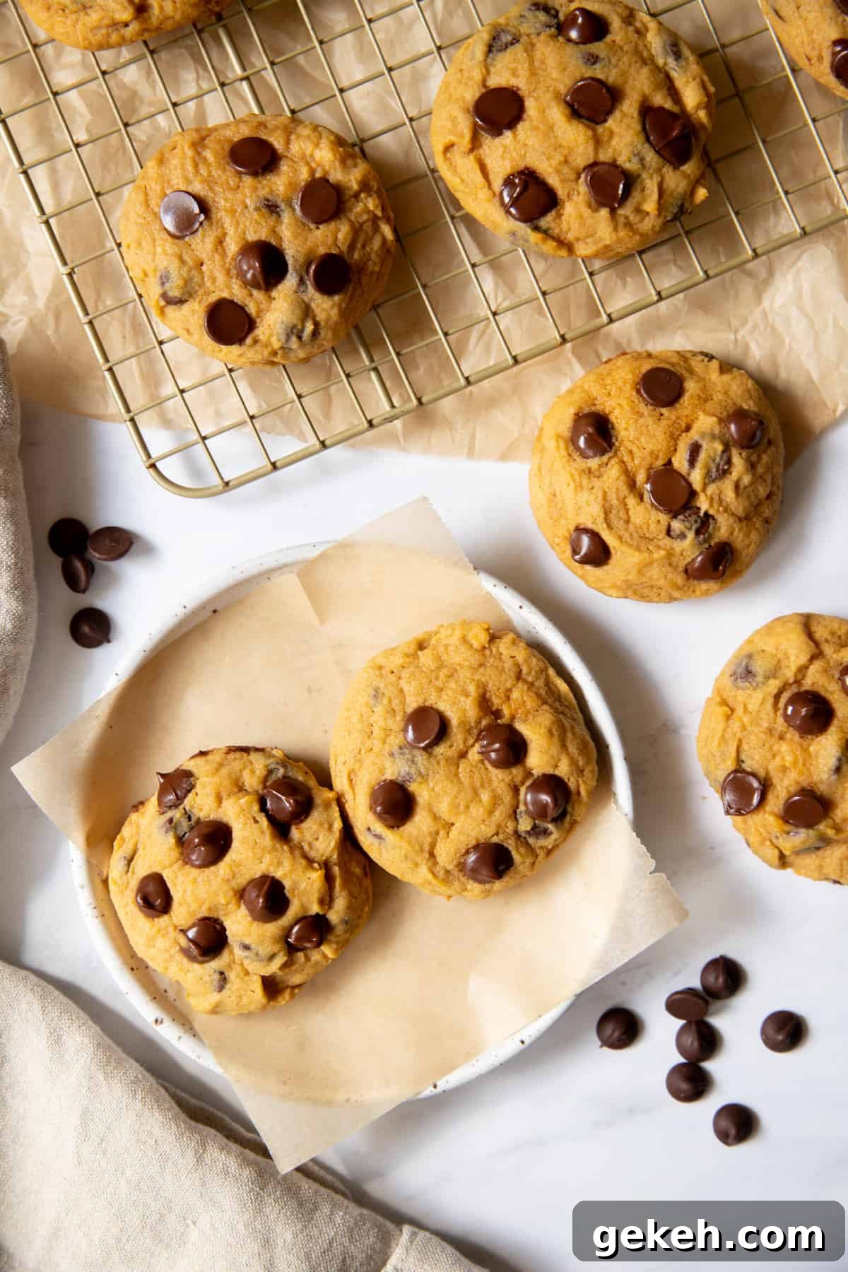 two pumpkin chocolate chip cookies on a plate next to a baking rack with more cookies