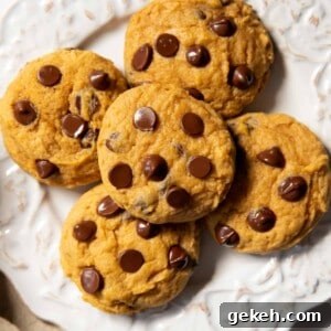 a plate with five soft pumpkin chocolate chip cookies