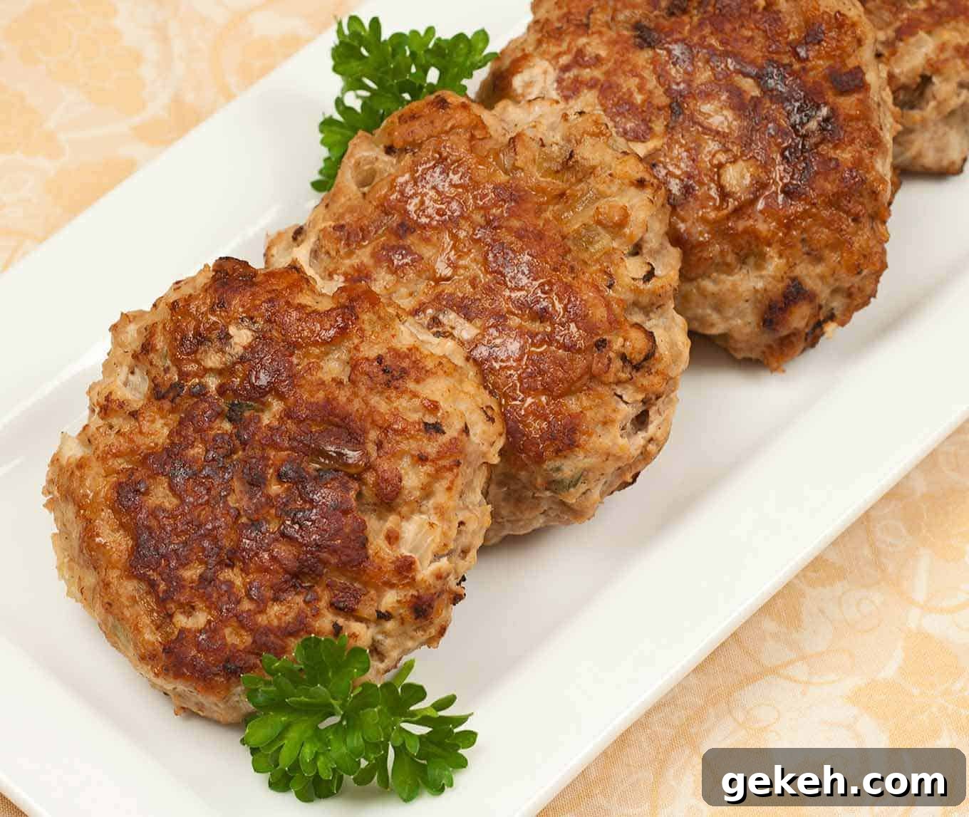 Golden-brown turkey meatloaf patties arranged on a white rectangular platter, garnished with fresh parsley.