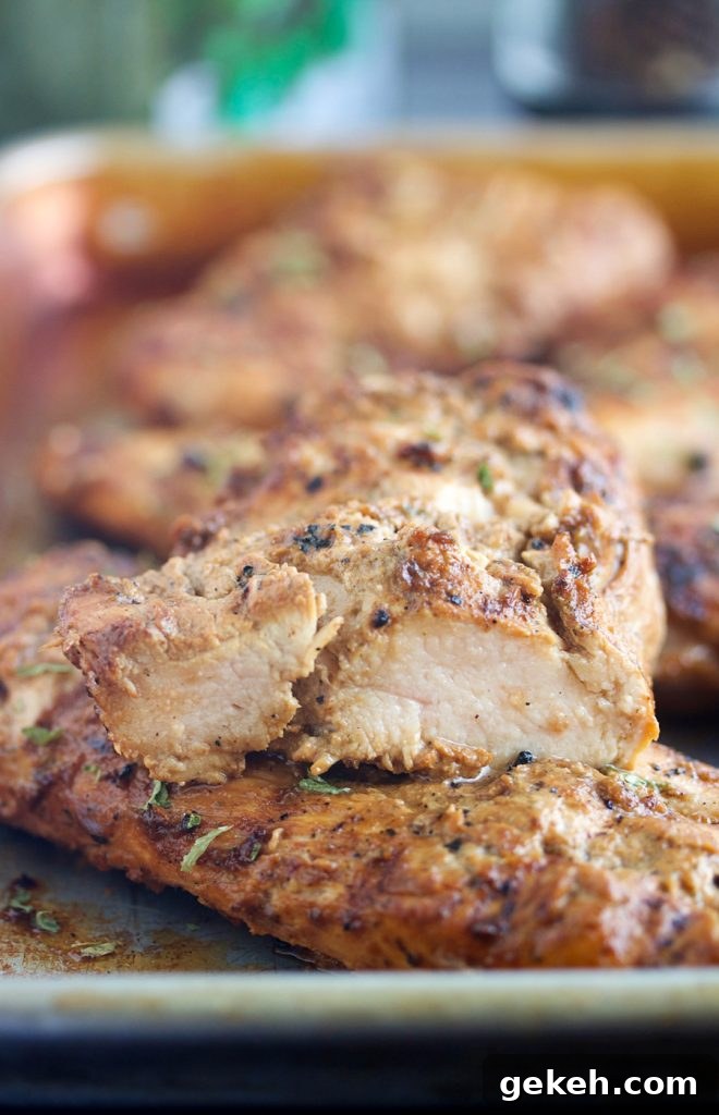 up close shot of a chicken breast marinaded in amazing chicken marinade