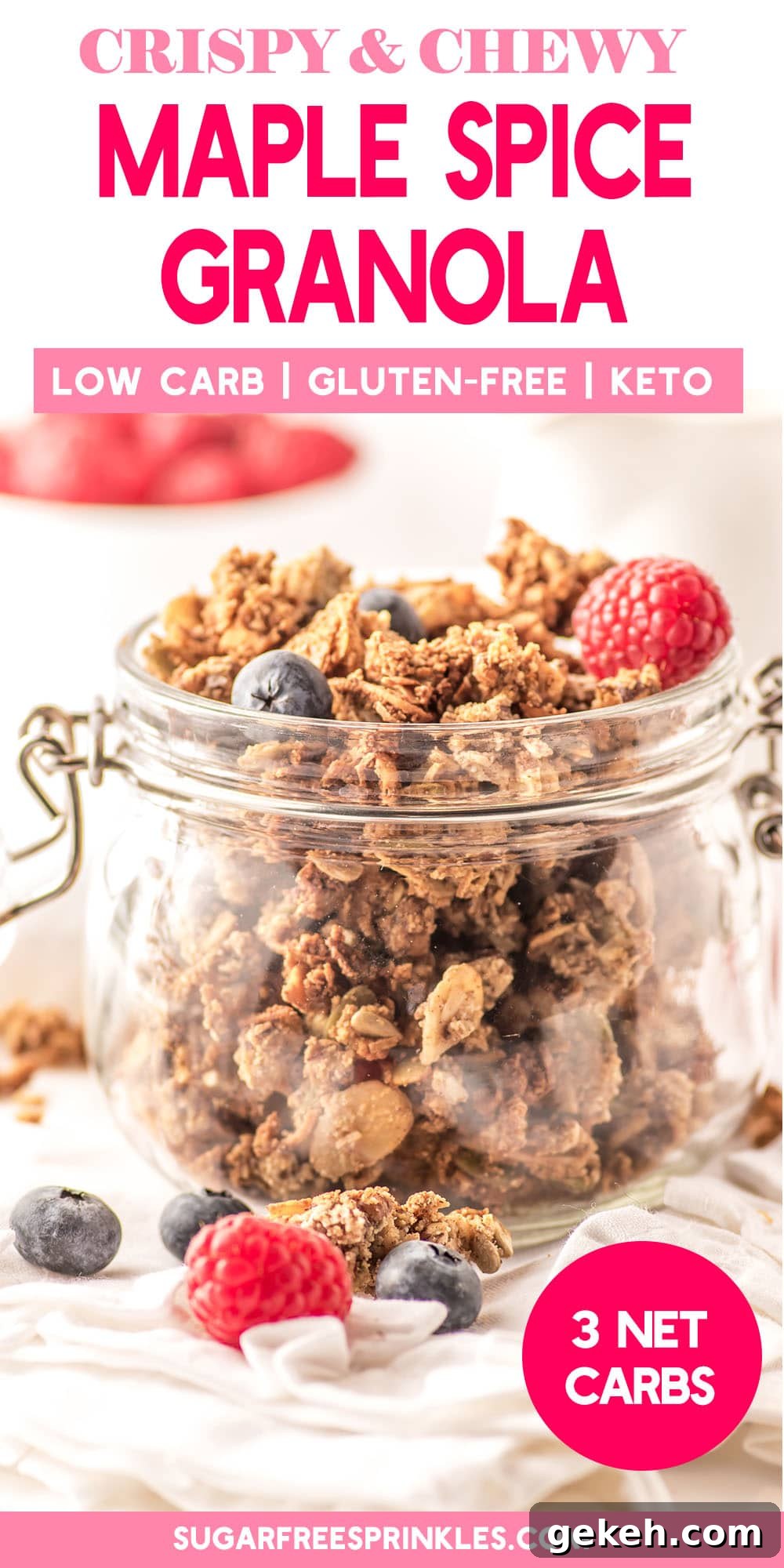 Maple Spice Low-Carb Granola — Crispy, Chewy, Gluten-Free Keto 13 Pinterest formatted picture of the finished granola in a jar.