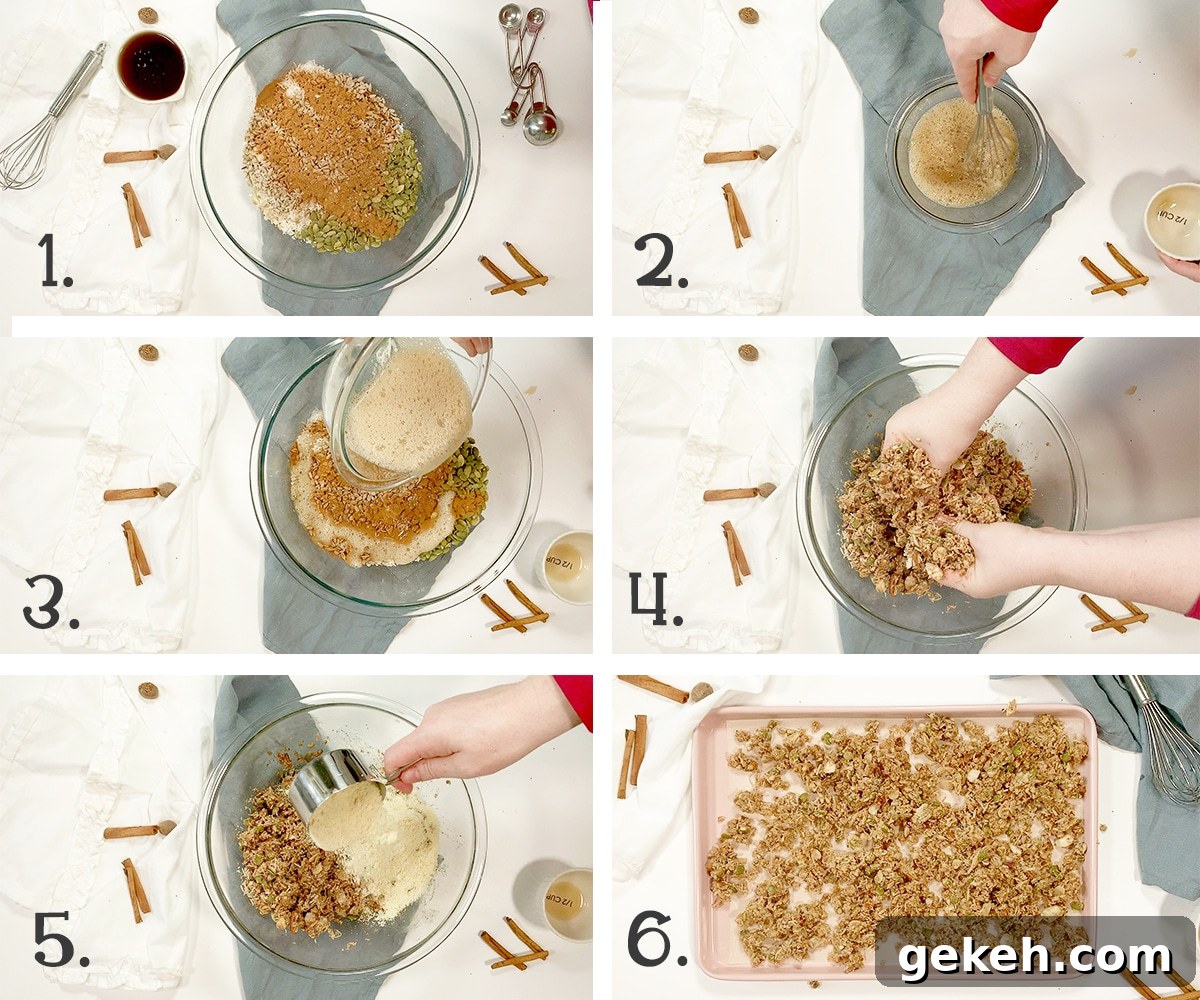 Maple Spice Low-Carb Granola — Crispy, Chewy, Gluten-Free Keto 5 6 panels, in process pictures of how to make low carb granola