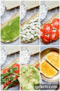 Step-by-step prep images for grilled goat cheese sandwich. Prep image collage showing step by step prep for sandwich.
