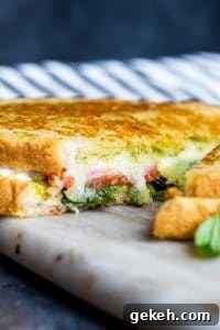 Single grilled goat cheese sandwich cut in half. Straight on shot of single sandwich cut in half with a striped cloth in the background.