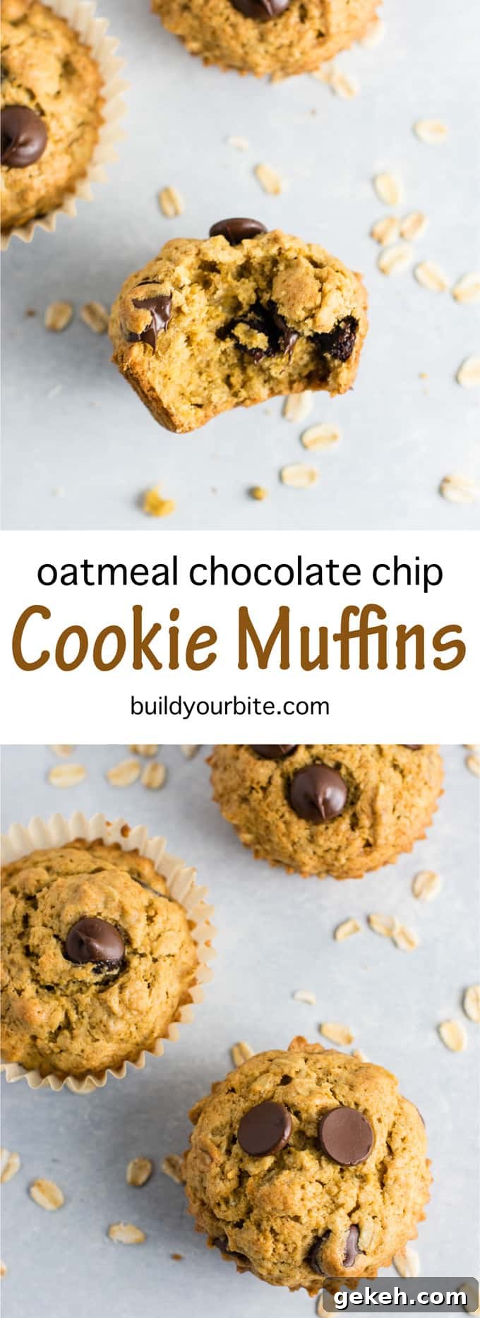 Oatmeal chocolate chip cookie muffins - breakfast that tastes like dessert! #chocolatechipmuffins #healthy #breakfast #wholewheat #oatmealchocolatechip