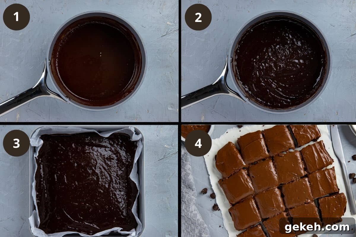 Decadent Dark Chocolate Brownies Recipe for Rich, Fudgy Squares 4 Photo collage of recipe steps.