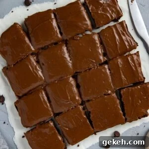Decadent Dark Chocolate Brownies Recipe for Rich, Fudgy Squares 6 Baked and frosted brownies cut into 16 squares on white parchment paper with brownie crumbs scattered around.