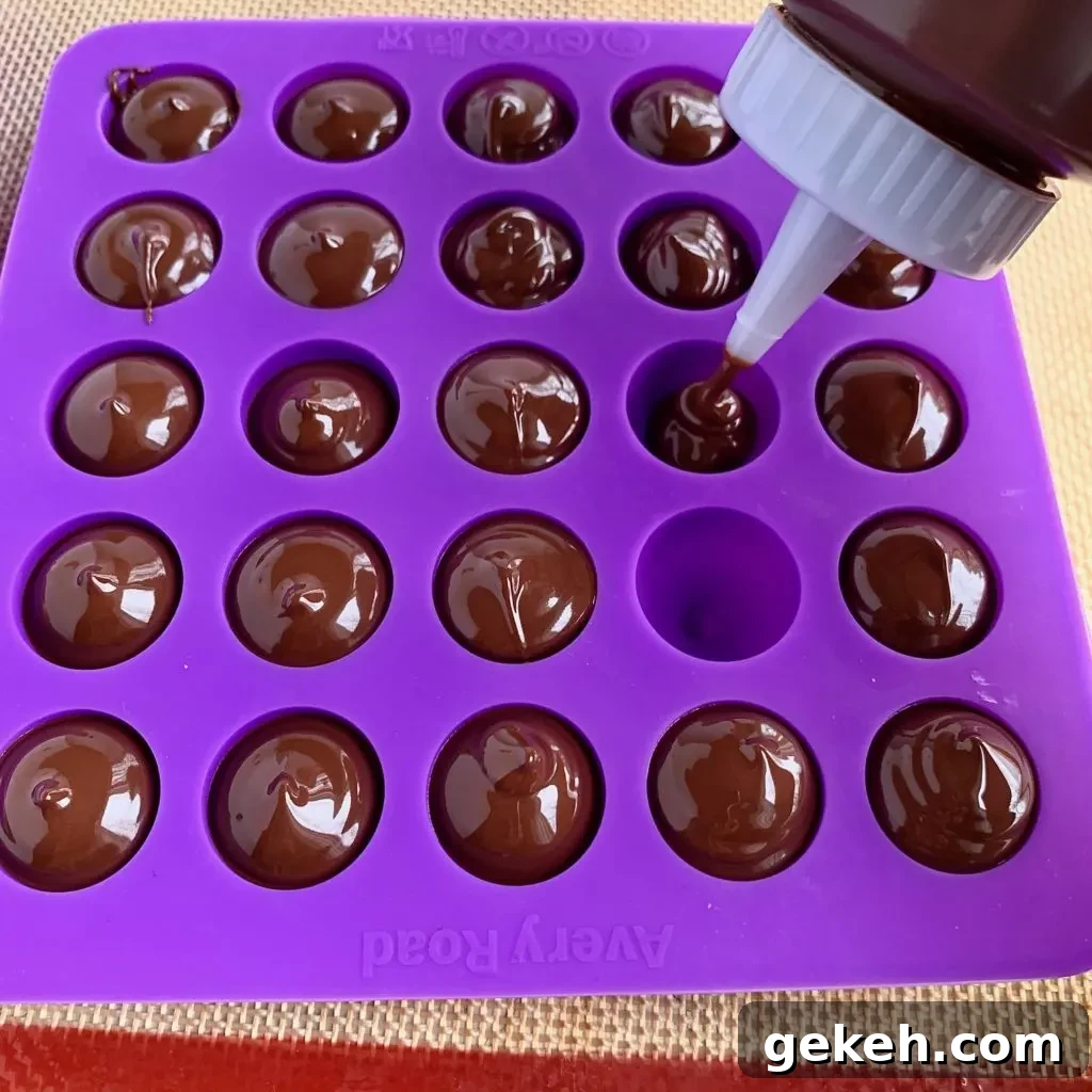 Homemade Chocolate Kisses: Simple Recipe for Melt-in-Your-Mouth Treats 4 filling up a kiss mold with melted chocolate